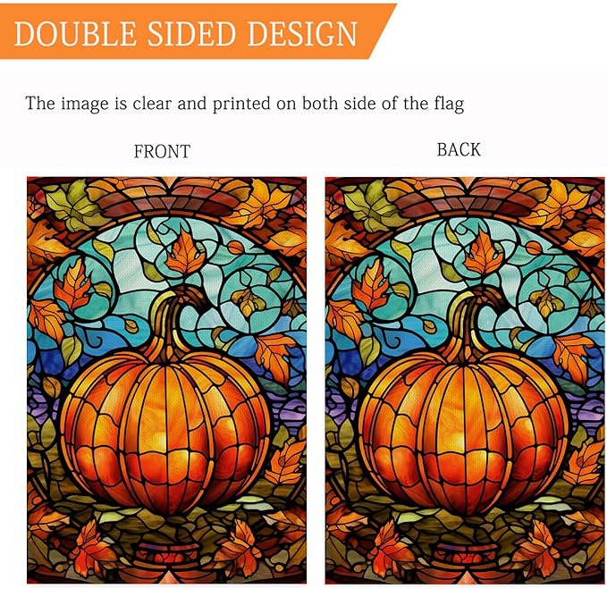 Fall Stain Glass Style Garden Flag 12 x 18 Inch Vertical Double Sided Fall Pumpkin Maple Leaves Small Yard Flag, Thanksgiving Autumn Harvest Holiday Outdoor Decoration
