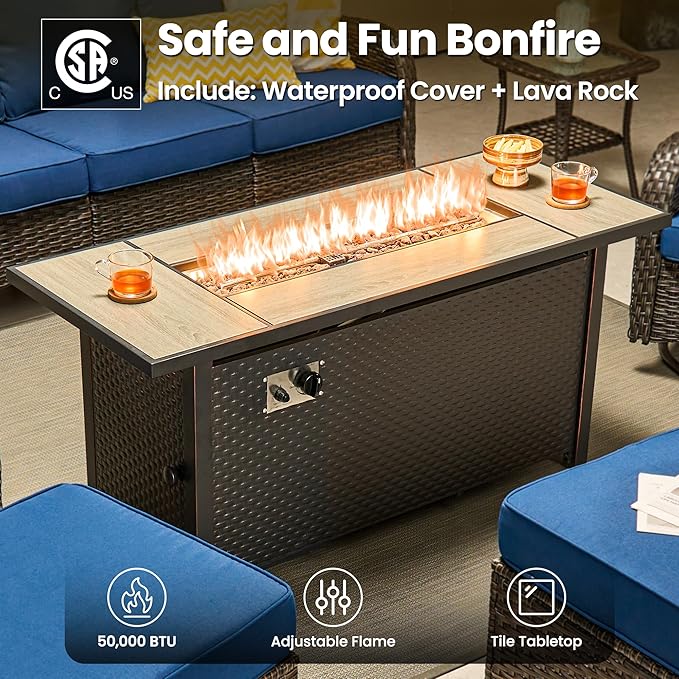 ovios 10 Pieces Patio Furniture Set, Outdoor Wicker Sofa Couch with Swivel Chairs 54" Fire Pit Table, All Weather High Back Modern Conversation Sets, Brown Rattan, Navy Blue