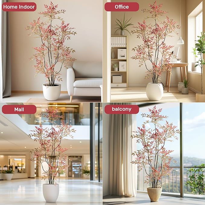 7.2ft Faux Bamboo Tree Artificial Nandina Tree Artificial Indoor Plants Realistic Fake Potted Tree with 800+ Leaves, Cement Planter - Home Office Decor Perfect for Housewarming Gift Non-Toxic