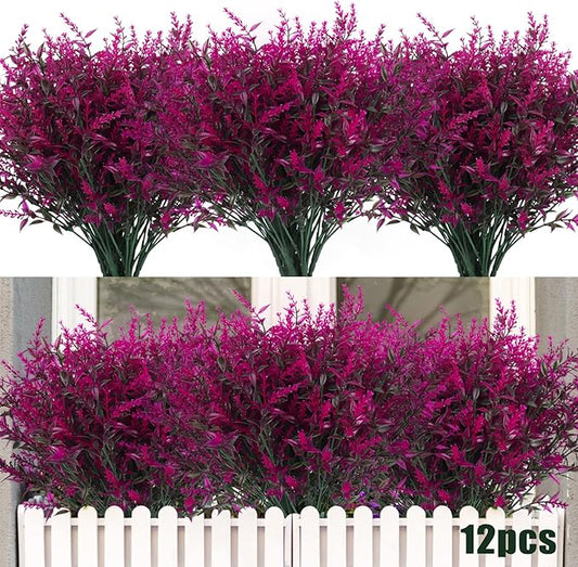 Outdoor Artificial Plant UV Resistant Fake Stems Plants, Faux Plastic Greenery for Indoor Outside Hanging Plants Garden Porch Window Box Home Wedding Farmhouse Outdoor Decorations for Patio(Fuchsia)