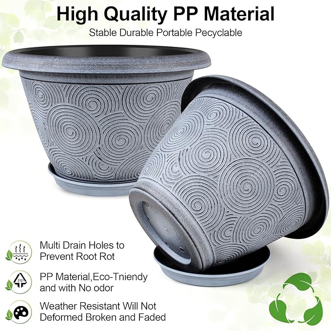 14 Inch Large Planter Pot for Plants Indoor Outdoor, 4 Pack Plastic Flower Pots with Drainage Hole & Tray, Modern Decorative Garden Pot with Saucer, Plant Container for House