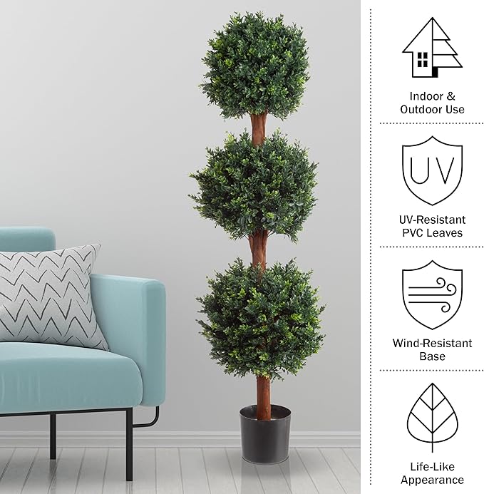 Pure Garden Set of 2 Artificial Trees - 5FT Hedyotis Topiary Fake Plants in Weighted Pots - Faux Plants for Indoor Display or Front Porch Decor