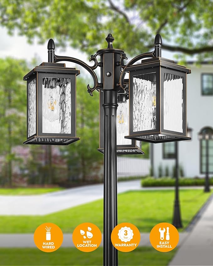VIANIS Outdoor Lamp Post Light with Outlet, Waterproof Dusk to Dawn Lamp Posts Outdoor Lighting 3-Head, Anti-Rust Black Street Light for Garden, House, Doorway, Weather Resistant