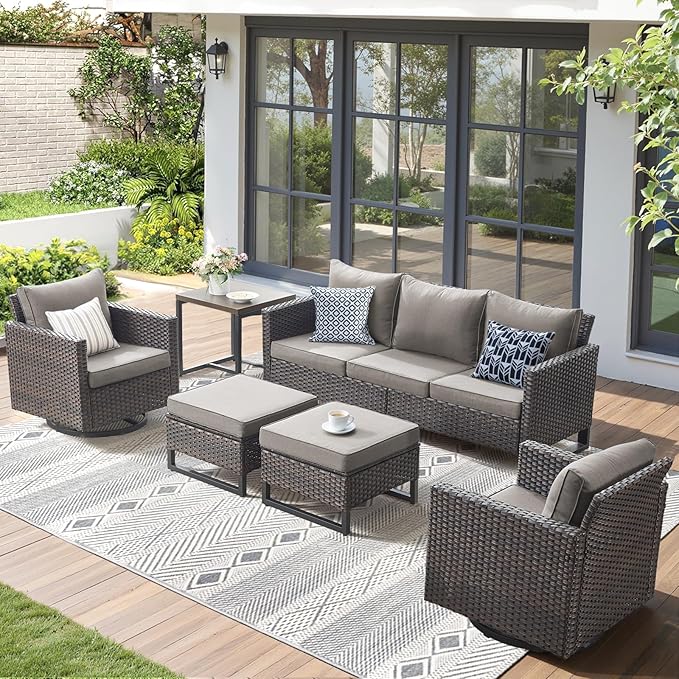 6 Pieces Patio Furniture Set-All Weather Outdoor Swivel Rocker Patio Chairs with Deep Seat Sofa Ottomans and Glass Side Table, Outdoor Conversation Sets for Garden Backyard Deck(Brown/Grey)