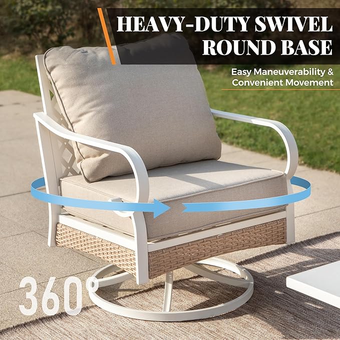 5 Piece Patio Furniture Set, 2 x Swivel Chair, 1 x 2-Seat Sofa, 1 x 3-Seat Sofa with Marbling Coffee Table, All Cushioned 7 Seats Outdoor Conversation Set for Lawn Garden Backyard, Beige