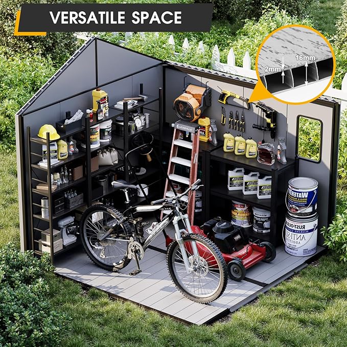 8 x 8 FT Resin Storage Shed, All-Weather Outdoor Tool Shed with Windows, Lockable Doors & Floor, Plastic Garden Shed for Poolside, Backyard, Patio