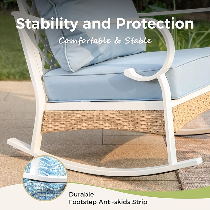 4 Piece Patio Furniture Set, 2 x Rocking Chair, 1 x 3-Seat Sofa with Marbling Coffee Table, All Cushioned 5 Seats Outdoor Conversation Set for Lawn Garden Backyard, Blue