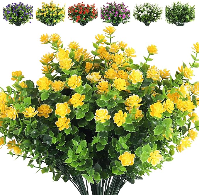 RECUTMS 8 Branches Artificial Flowers Faux Plants, Lifelike UV Resistant Fake Eucalyptus Plants for Garden, Patio Yard, Wedding, Office and Farmhouse Indoor Outdoor Decor (Yellow)