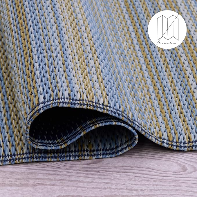 Fab Habitat Outdoor Rug - Waterproof, Fade Resistant, Crease-Free - Premium Recycled Plastic - Striped - Patio, Deck, Porch, Balcony, Laundry Room - Cancun - Shadow Blue - 4 x 6 ft