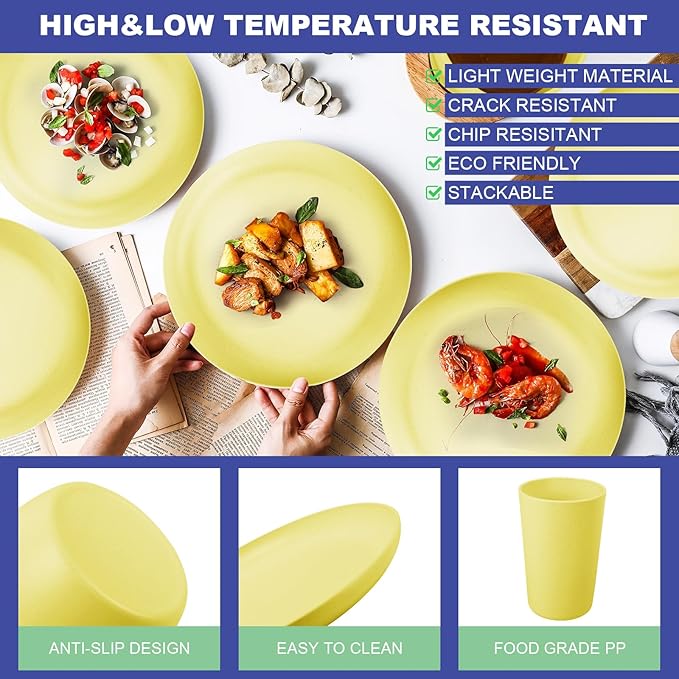 24pcs Wheat Straw Dinnerware Sets, Wheat Straw Plates and Bowls Sets for 4 Microwave Dishwasher Safe Lightweight （Yellow）