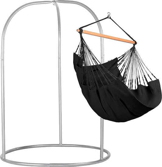 LA SIESTA® - Large Comfort Habana Cotton Hammock Chair & Romano Steel Stand - Indoor/Outdoor Hanging Chair Swing for Bedroom Porch Balcony - Boho Swing - Onyx
