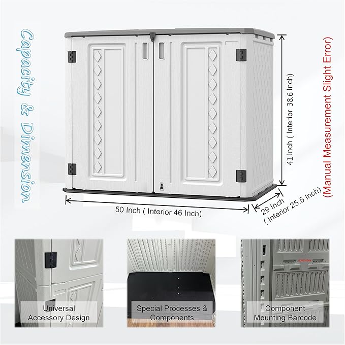 Horizontal Outdoor Storage Shed, 34 Cu.ft Outdoor Storage Cabinet Waterproof for Garden/Backyard/Home/Pool, Lockable (Off White)