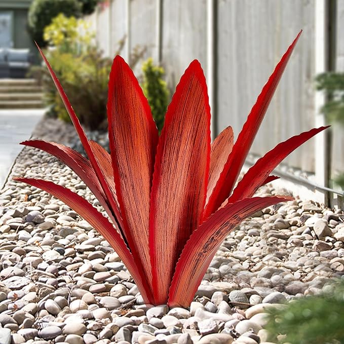 TOMBABY Enlarge Thickened Wind Resistant Metal Agave Garden Art Metal Plant Country Garden Sculpture Statue Outdoor Decoration Agave Metal Plant Courtyard Lawn Ornament Gift (2, 12 Leaves red)