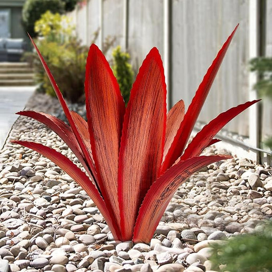 TOMBABY Enlarge Thickened Wind Resistant Metal Agave Garden Art Metal Plant Country Garden Sculpture Statue Outdoor Decoration Agave Metal Plant Courtyard Lawn Ornament Gift (2, 12 Leaves red)