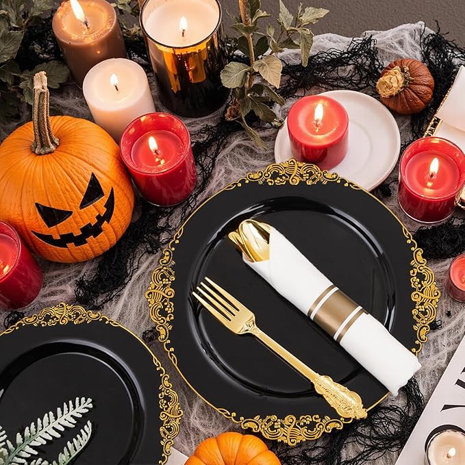 Hioasis 350pcs Black and Gold Plastic Plates - Diposable Dinnerware Set Suitable for 50 Guests Include 10.25" Dinner & 7.5" Dessert Plates, Pre Rolled Silverware Set, Cups for Party & Halloween