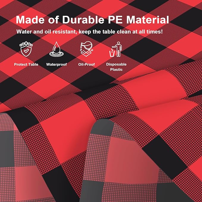 2 Pack Red and Black Checkered Tablecloth, Red Plastic Table Cloths for Parties Disposable, 54 x 108 inch Waterproof Red and Black Gingham Camping Tablecloth for Birthday, Party, Christmas