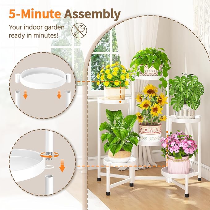 LASZOLA 6 Tiered Folding Plant Stand Indoor for Multiple Large Planter, Tall Heavy Duty Adjustable Rack with Rust Proof 10 Inch Wide Tray, Sturdy Vertical Tree Organizer for Narrow Inside Floor, White