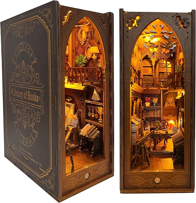 CRIOLPO Book Nook Kit - DIY Doll House Booknook, Book Nook Miniature Kit for Bookshelf Doll Houses for Adults Teen Halloween, 3D Wooden Puzzle Bookends with Sensor Led Light