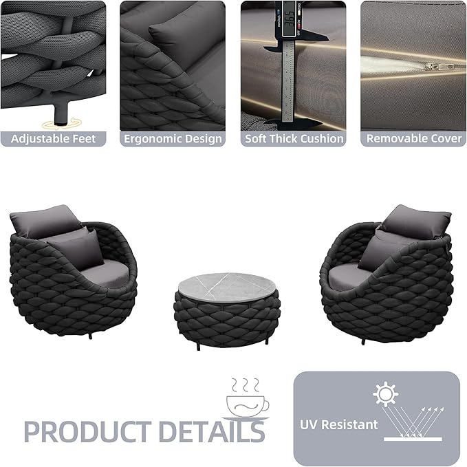 TWT 3 Pieces Aluminum Patio Furniture Set, Hand Woven Polyester Rope Modern Outdoor Set w/Washable Cushion Conversation Sofa Set Apartment Furniture for Poolside Balcony (Dark Grey)