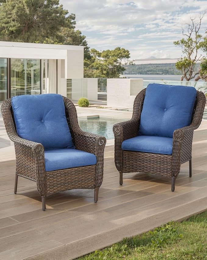 Patio Wicker Chairs Outdoor Furniture Chair - Set of 2 Outside All Weather Lawn Dining Brown Rattan Armchair with High Back&Deep Seating for Deck Porch Balcony Backyard Garden - Navy Blue