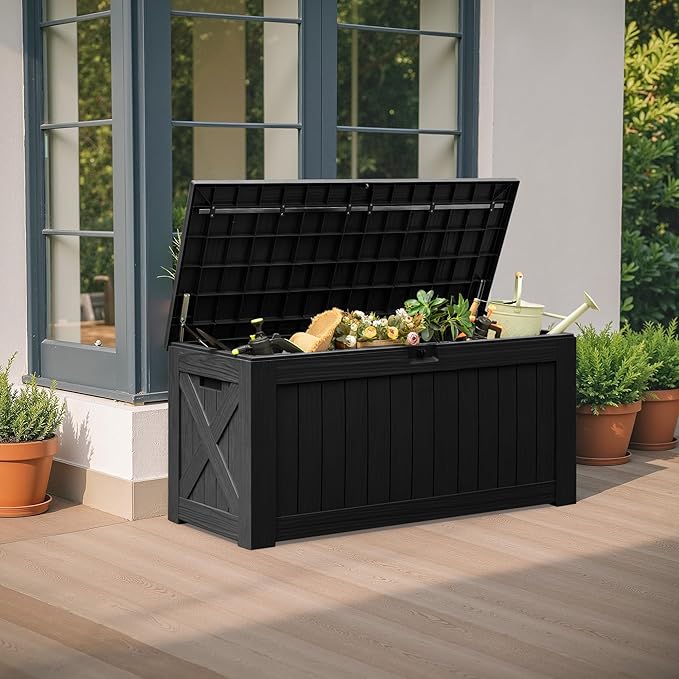 Flamaker Resin Deck Box 120 Gallon Waterproof Large Outdoor Indoor Storage Box Imitation Wood Resin for Patio Furniture Garden Tools and Pool (Black)