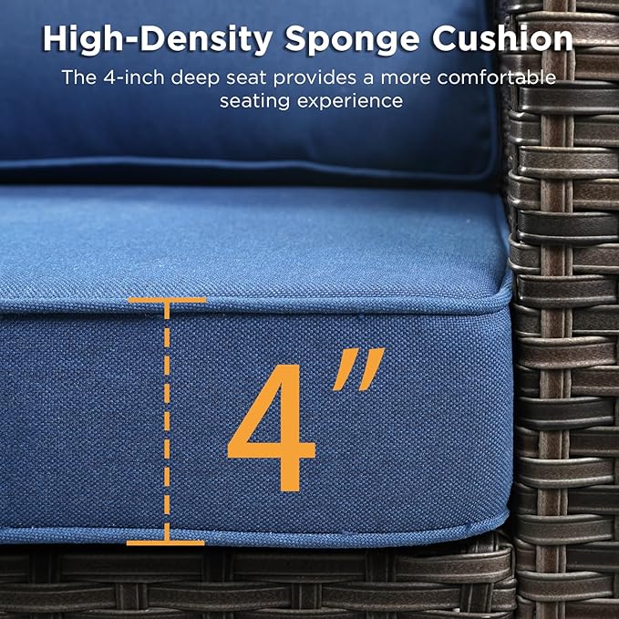 3 Pieces Patio Furniture Sets-All Weather Outdoor Sectional Patio Sofa with Multifunctional Ottomans Thicken Cushion Patio Conversation Set for Deck Porch Balcony(Brown/Blue)