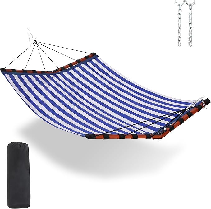 TegerDeger 12FT 2 Person Hammock Large Hammock Quick Dry 450LB Capacity with V Shaped Hardwood Spreader Bar & Nylon Rope for Outside, Patio, Garden, Backyard, Beach, Poolside - Blue Stripes