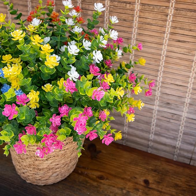 Artificial Flowers Outdoors, 12 Bundles Fake Flowers UV-Anti for Decoration Faux Plastic Plants Garden Porch Window Box Décor, WhitePinkYellowOrangeBlueGreen