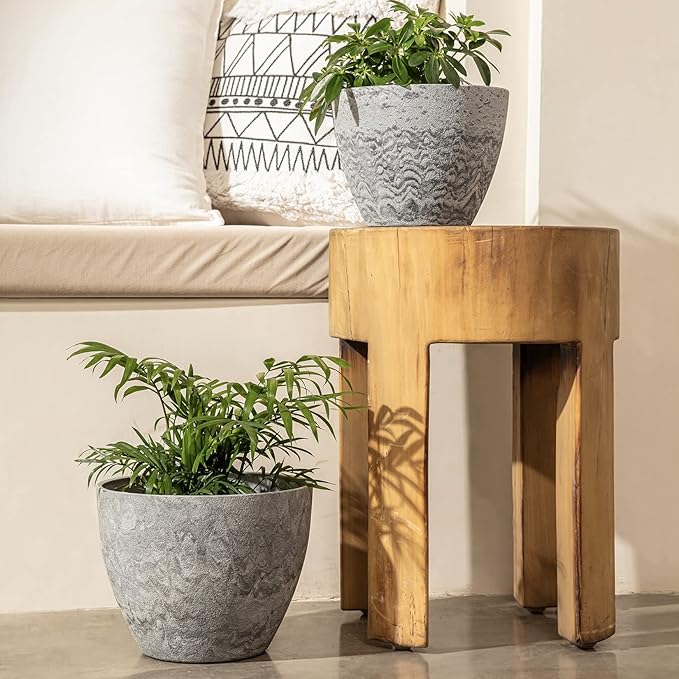 LA JOLIE MUSE Flower Pots Outdoor Garden Planters, Indoor Plant Pots with Drainage Holes, Plastic, Marble Pattern Grey, Set 2 (8.6 + 7.5 Inch)