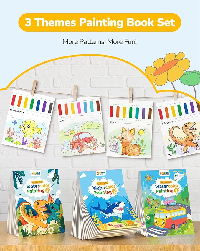 TECJOE 3 Pack Paint with Water Coloring Books for Toddlers, Watercolor Paint Set with 6 Brushes, Mess Free Painting for Kids Ages 4-8, Birthday Gifts Arts & Crafts Toy - Traffic, Sea, Dinosaur