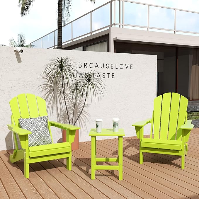 WO Home Furniture Adirondack Chairs Table Set of 3 PCS Outdoor Folding Chairs Side End Table Weather/UV Resistant for Lawn, Garden, Bon Fire, Balcony (Lime)