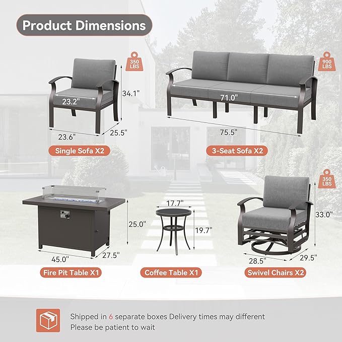 Kurapika Aluminum Patio Furniture Set 10-Seat Modern Metal Outdoor Conversation Sets w/45in Propane Fire Pit Table, Swivel Rocking Chairs Patio Sectional Sofa w/5.1 Inch Cushion, Grey