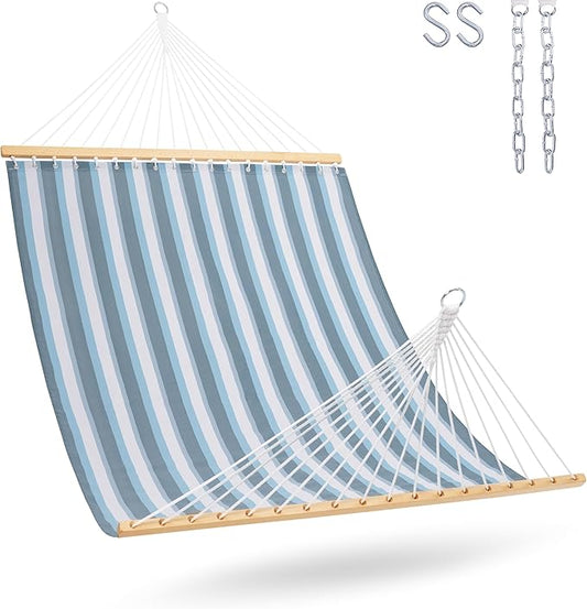 Lazy Daze Hammocks Quick Dry Hammock with Spreader Bar Textliene Fabric Double Outside Hammock with Chains Outdoor Patio Poolside Backyard Beach 450 lbs Capacity, Blue White Stripes