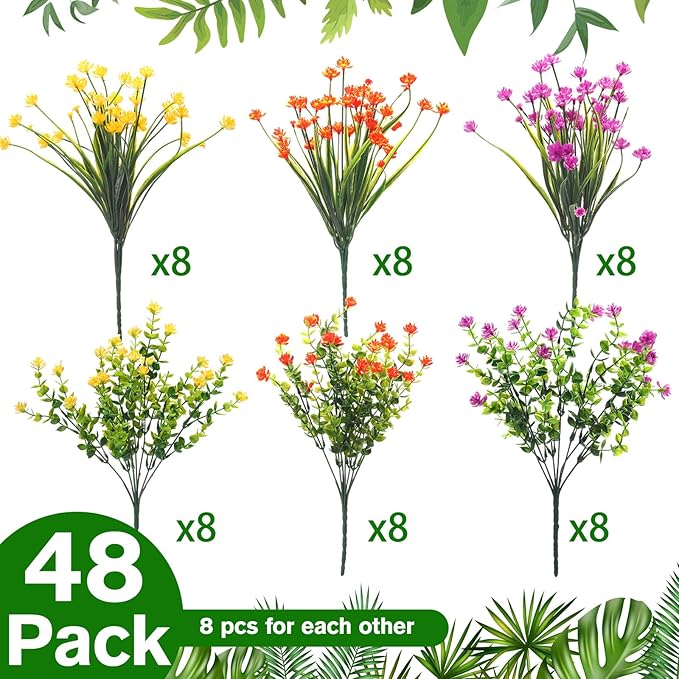 WILLBOND 48 Bundles Artificial Flowers Outdoor,UV Resistant Faux Plastic Plants Greenery Shrubs Flower Bulk for Hanging Planter Porch Window Home Wedding Spring Summer Decor (Bright Color)