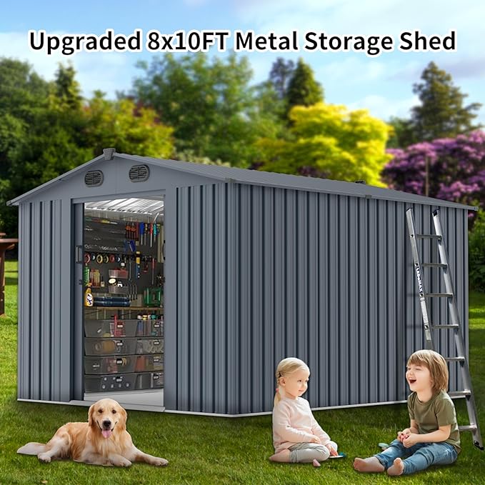 Outdoor Storage Shed 8x10 FT with Window - Metal Sheds & Outdoor Storage for Motorcycle, Bike, Garden Tool, Lawnmower - Backyard Tool Building with 1 Sliding Door and 4 Vents (Without Floor)