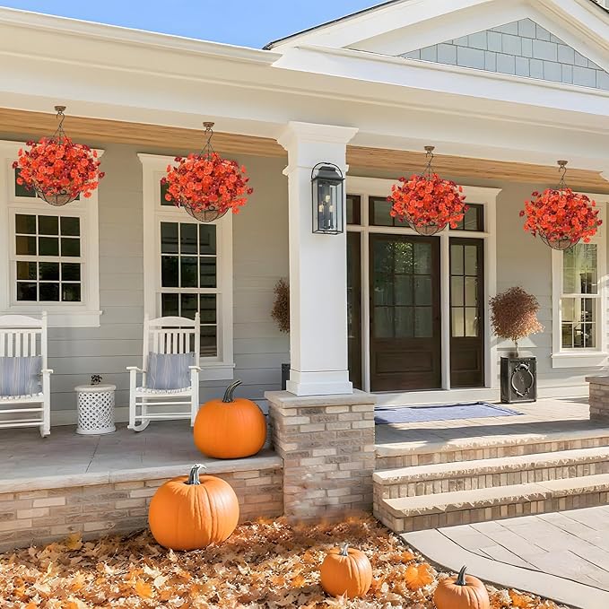 2 Set Artificial Hanging Flowers Plants Basket for Outdoors Fall Decorations, 24 Pcs UV Resistant Faux Morning Glory Fake Petunias with 2 Hanging Planter for Home Porch Balcony Garden Decor