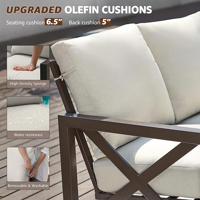 NATURAL EXPRESSIONS 4 Pieces Patio Furniture Sets,Outdoor Sectional Metal Furniture Conversation Set with Loveseat Chair,2 Single Chairs 1 Metal Table,6.5" Beige Cushions for Yard,Garden