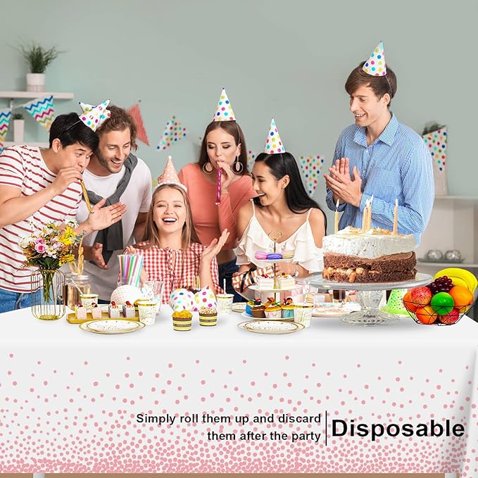 3 Pack White and Pink Dot Tablecloth, Pink Plastic Table Cloths for Parties Disposable, 54x108 in Waterproof Rectangular Camping Tablecloth for Birthday Party Baby Shower Picnic Valentines