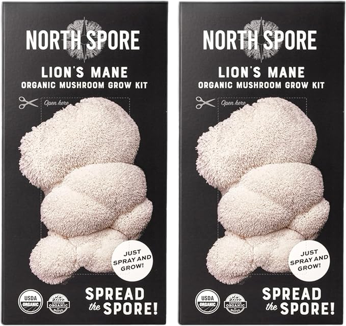 (2-Pack) North Spore Organic Lion's Mane Mushroom Spray & Grow Kits (4 lbs each) | USDA-Certified Organic, Non-GMO, Beginner-Friendly & Easy to Use | Handmade in Maine, USA