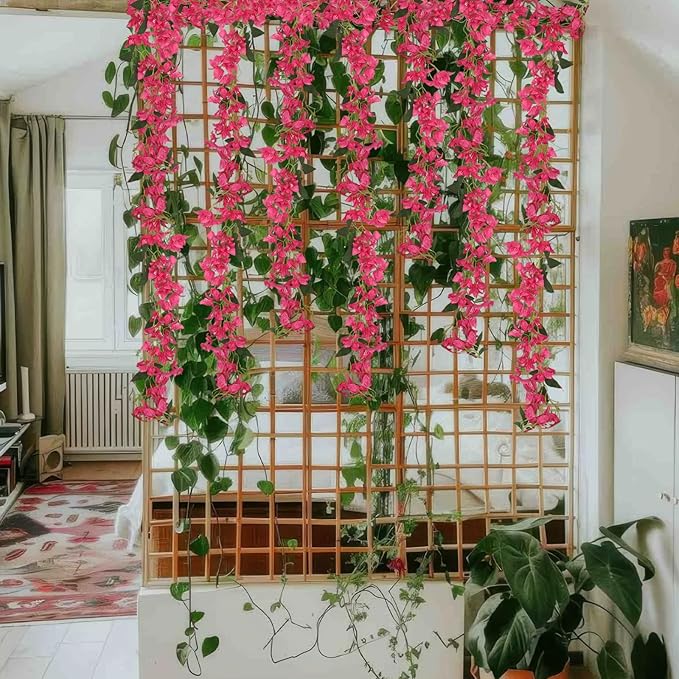 2Pcs Bougainvillea Artificial Hanging Flowers Plants for Outdoors Fake Silk Bougainvillea Vines Rose Red Artificial Flowers Garland UV Resistant Faux Flowers for Planter Porch Arch Table Decor