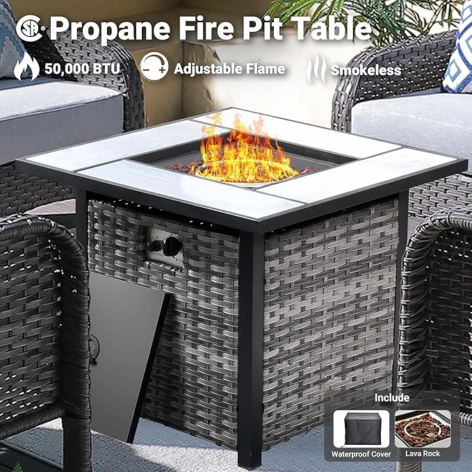 ovios 4 Pieces Patio Furniture Set with 30" Fire Pit Table, Outdoor Wicker Chairs of 4, All Weather High Back Rattan Chairs 4-Seater with Comfy Cushions, Grey