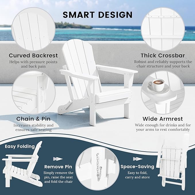 Westin Outdoors Laguna WO Home Furniture Adirondack Chair 4 PC Set Classic Outdoor Patio Folding Chair for Bon Fire Pit Lawn Backyard Beach Plastic Weather-Resistant (White)