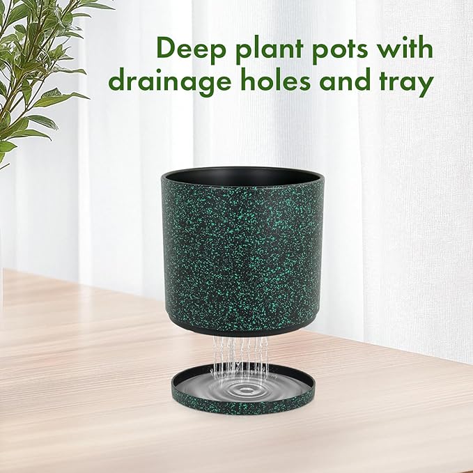 12/10/8 inch Large Deep Plant Pots for Outdoor Indoor Plants, 3 Pack Tall Cylinder Flower Pots, Plastic Planters with Drainage Holes and Saucers for Garden House, Black with Green Speckles