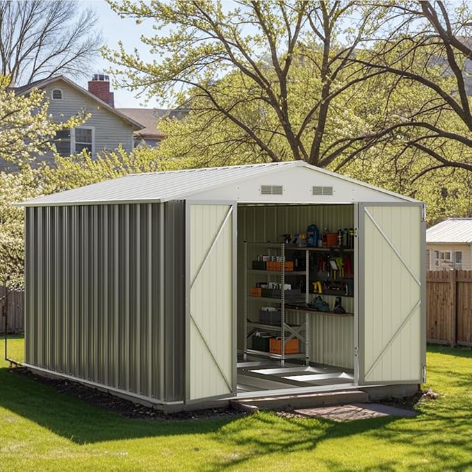 Patiowell 8x10 FT Outdoor Storage Shed with Floor Frame, Large Garden Tool Metal Shed with Sloping Roof and Double Lockable Door, Outdoor Shed for Backyard Garden Patio Lawn,Grey