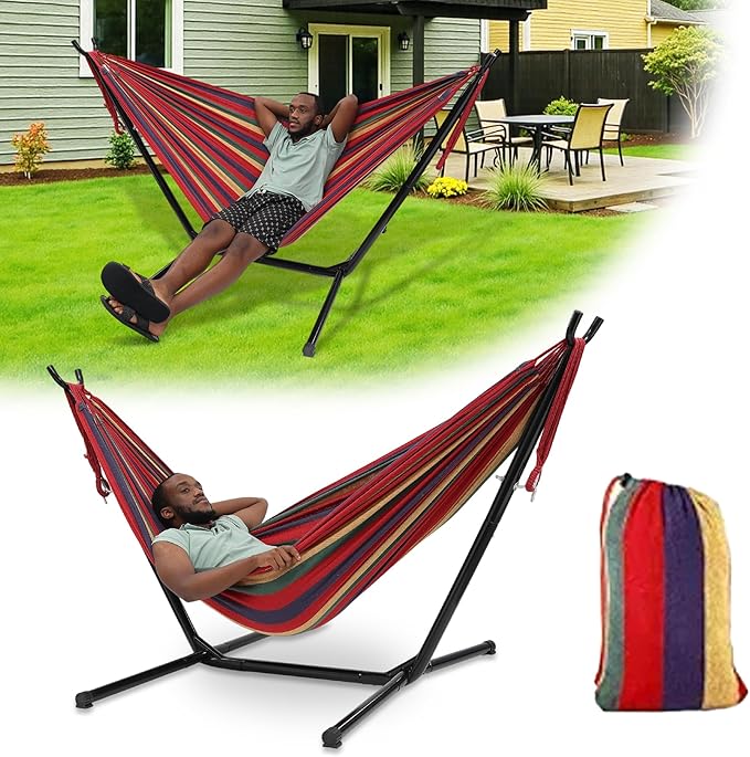 Hammock with Stand for Outside,600lb Weight Capacity Adjustable Height 3-in-1 Portable Hammock for Outdoor&Indoor Camping Backyard Bedroom(Hammock, Stand & Carry Bag)