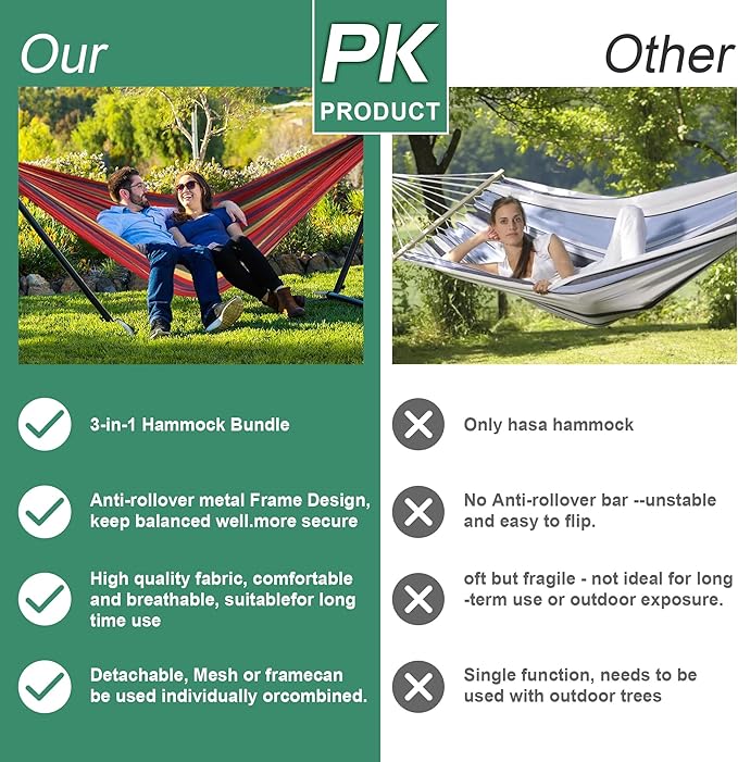Hammock with Stand for Outside,600lb Weight Capacity Adjustable Height 3-in-1 Portable Hammock for Outdoor&Indoor Camping Backyard Bedroom(Hammock, Stand & Carry Bag)