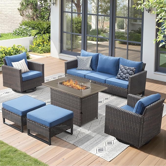 Patio Furniture Set with Fire Pit Table-6 Pieces All Weather Outdoor Swivel Chairs Set of 2 with Patio Sofa and Ottomans, Patio Conversation Sets for Porch Deck Garden Backyard(Brown/Blue)