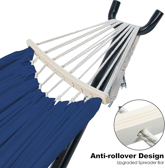 Double Hammock with Stand for Outside, Upgraded Spreader Bar, Heavy Duty Space Saving Steel Stand 2 Person, Side Pockets, Easy Assembly, 600lbs Weight Capacity, Indoor & Outdoor (Navy Blue)