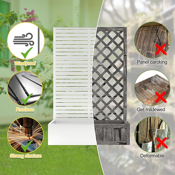 71"x47"x16" Metal Planter Box with Trellis, Raised Garden Bed with Trellis, Trellis with Planter Box & Privacy Screen for Climbing Plants, Vegetable, Vines(White, Louvered)