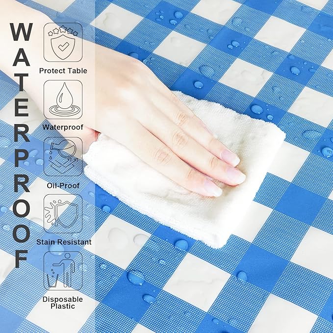 6 Pack Navy Blue and White Checkered Tablecloth, Dark Blue Plastic Table Cloths for Parties Disposable, 54 x 108 inch Waterproof Blue Gingham Camping Tablecloth for Birthday, Party, Picnic